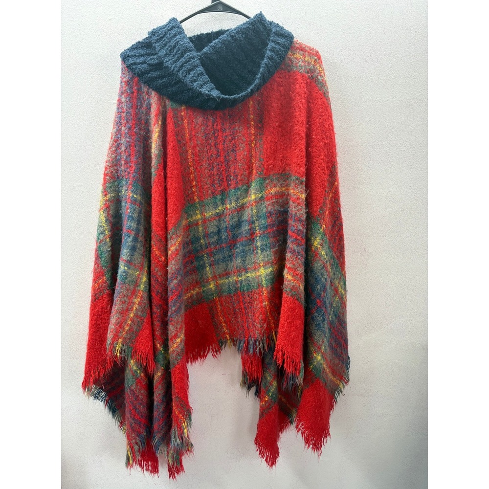 Cato Womens Red Plaid Cowl Neck Poncho Fringe Hem One Size Navy Blue Wrap